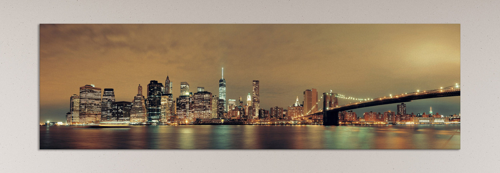 Manhattan with Brooklyn Bridge at night canvas wall art leather print