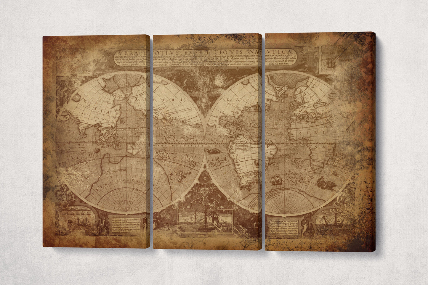 Vintage Old World Map in Hemispheres Canvas Leather Print