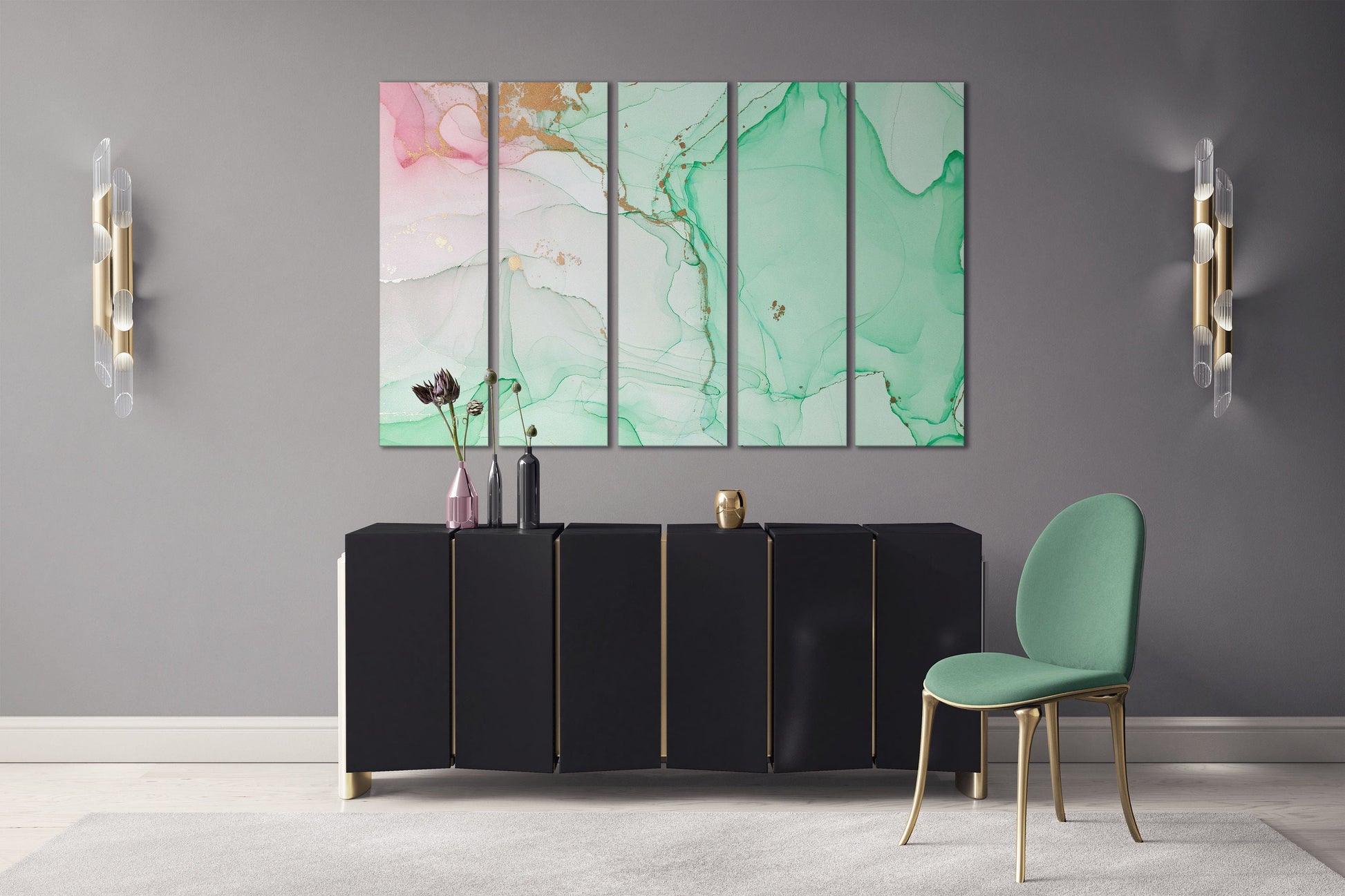 Green mint and pink marble pattern framed canvas leather print | Large wall art | Large wall decor | Made in Italy | Luxury home decor