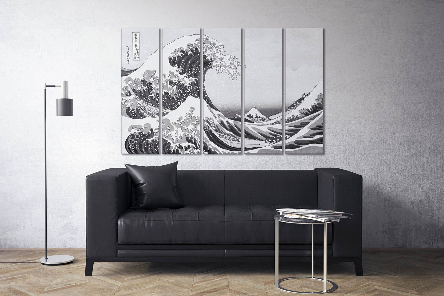 The Great Wave Off Kanagawa black and white canvas 5 pieces print