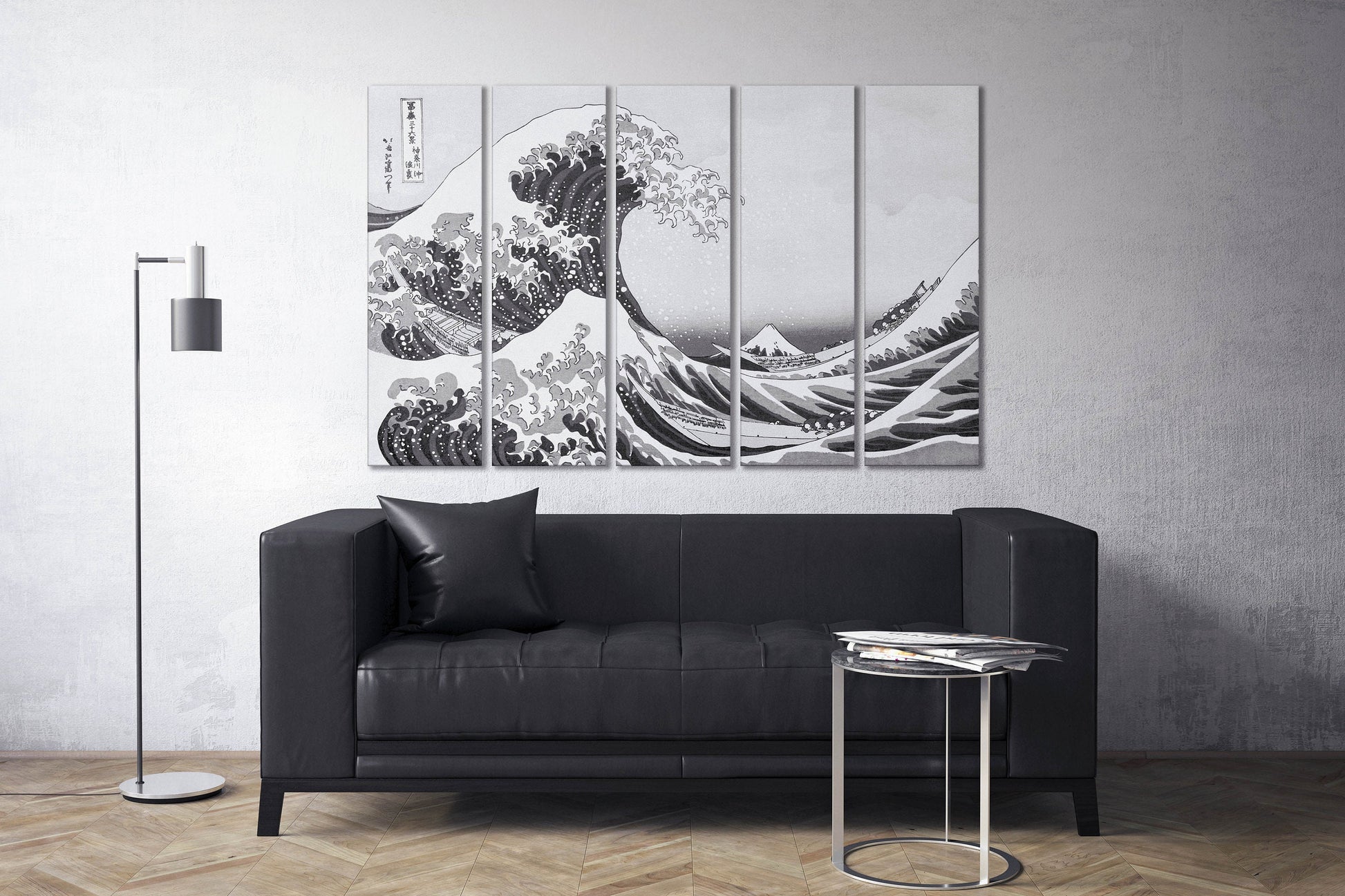 The Great Wave Off Kanagawa black and white canvas 5 pieces print