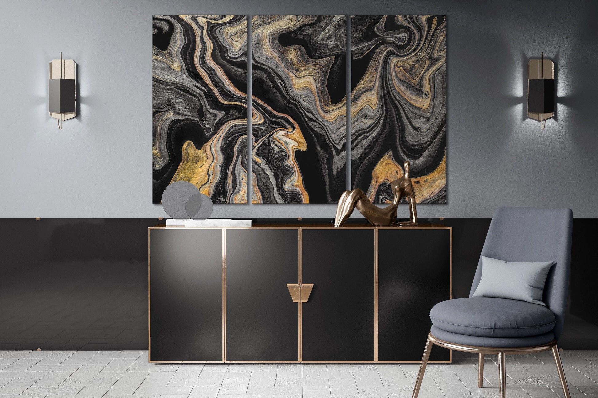 Black and gold abstract art marble pattern framed canvas leather print | Large wall art | Large wall decor | Made in Italy | Home decor