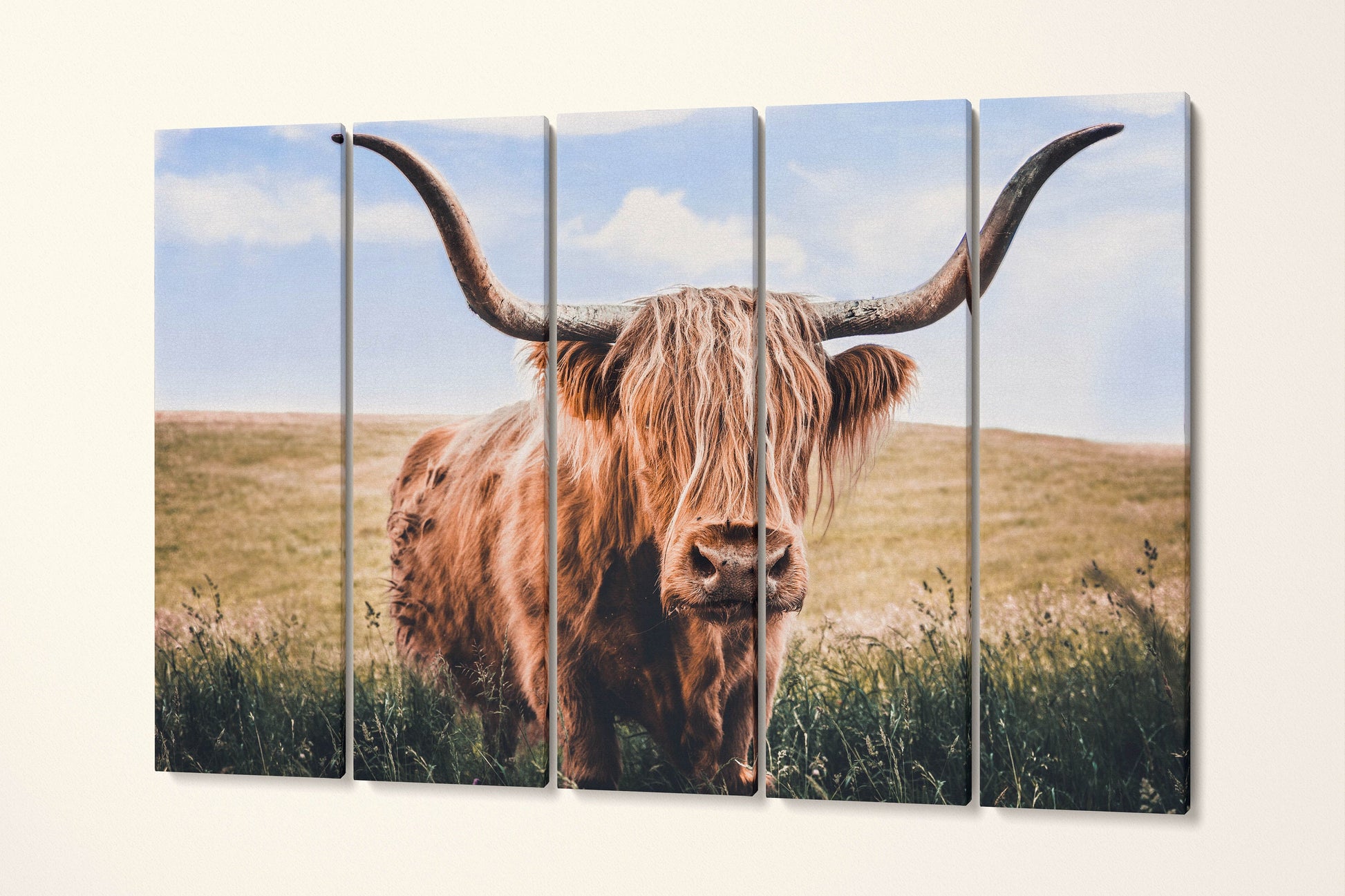 Close Up Brown Highland Cow Framed Canvas Leather Print, Made in Italy!