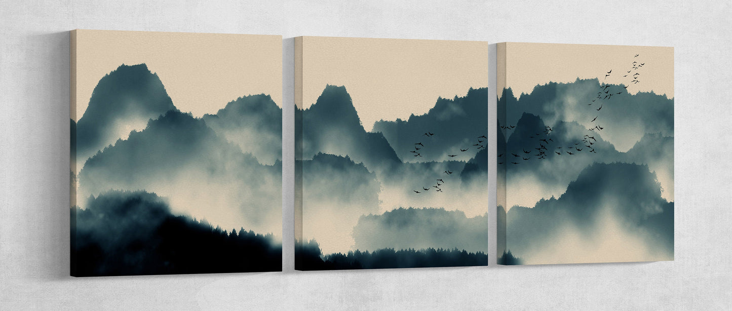 Japanese mountain landscape artwork triptych