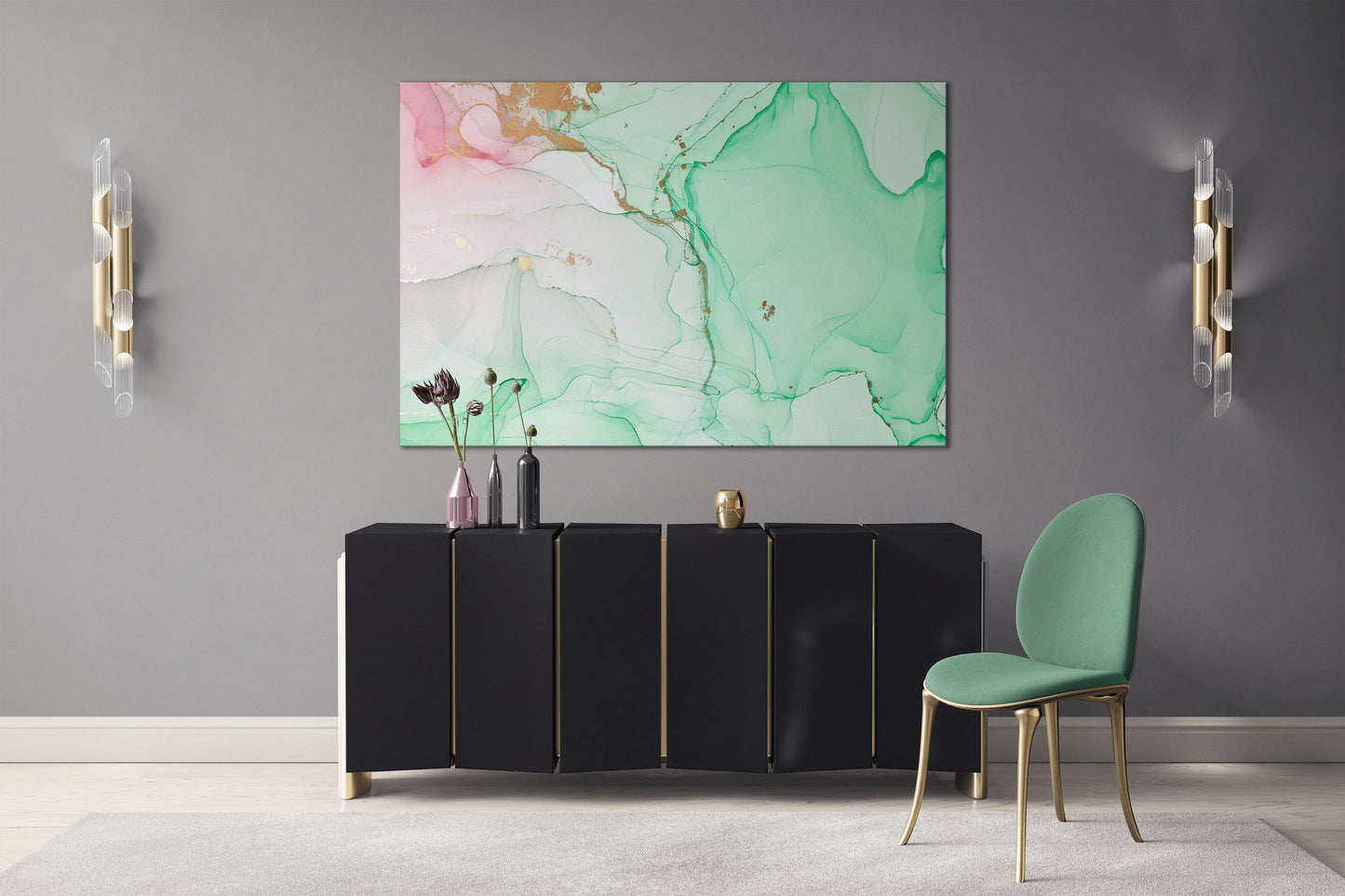 Green mint and pink marble pattern framed canvas leather print | Large wall art | Large wall decor | Made in Italy | Luxury home decor