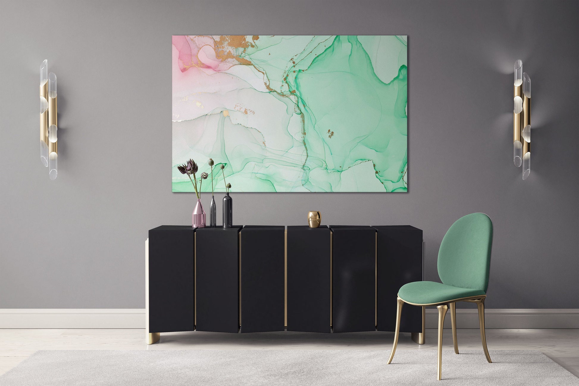 Green mint and pink marble pattern framed canvas leather print | Large wall art | Large wall decor | Made in Italy | Luxury home decor