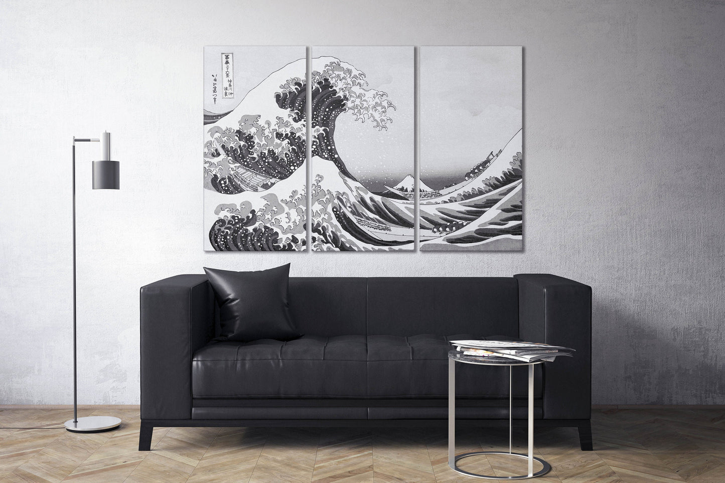 The Great Wave Off Kanagawa black and white triptych canvas print