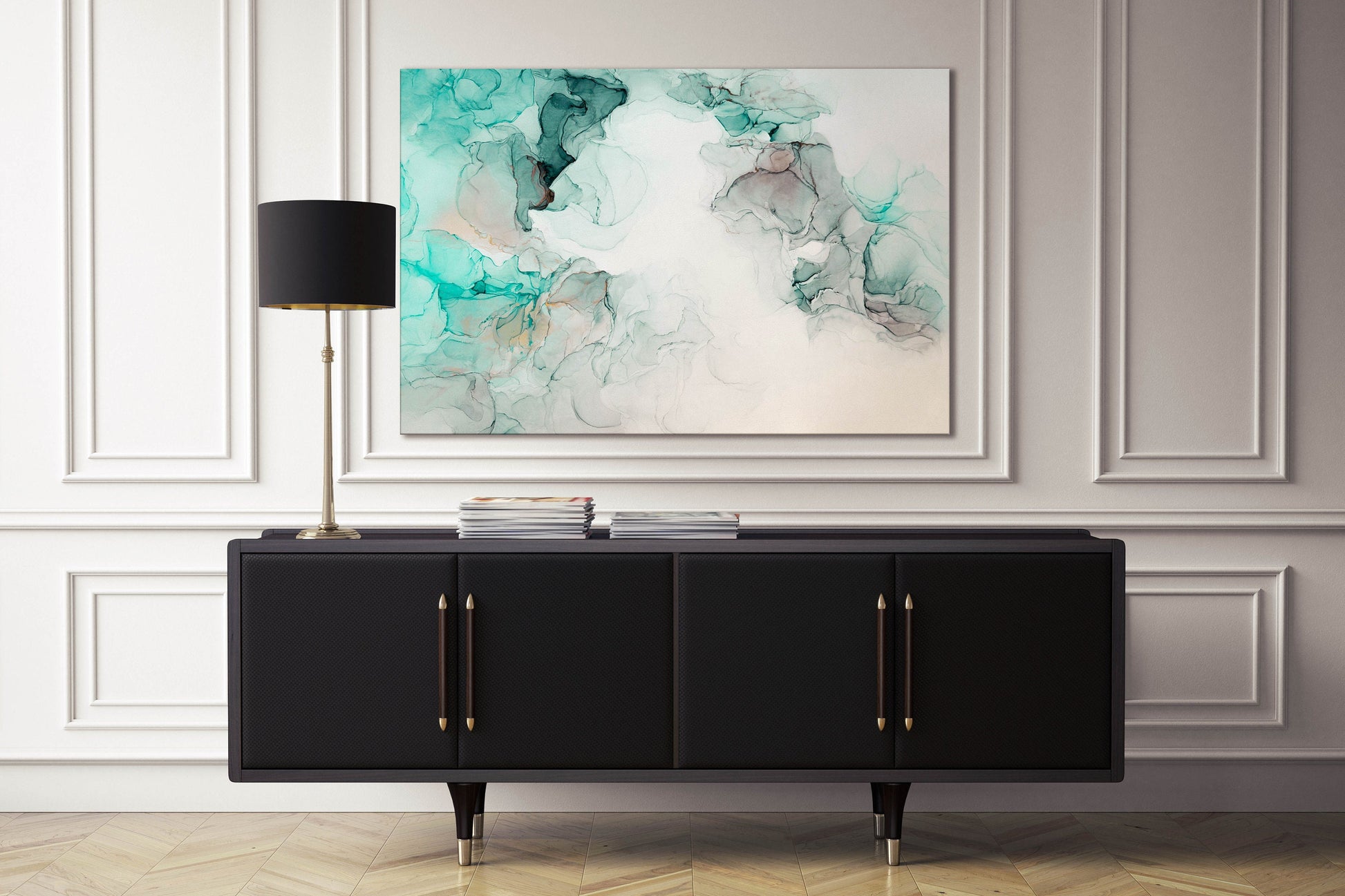 Green and white abstract art marble pattern framed canvas leather print | Large wall art | Large wall decor | Made in Italy | Home decor