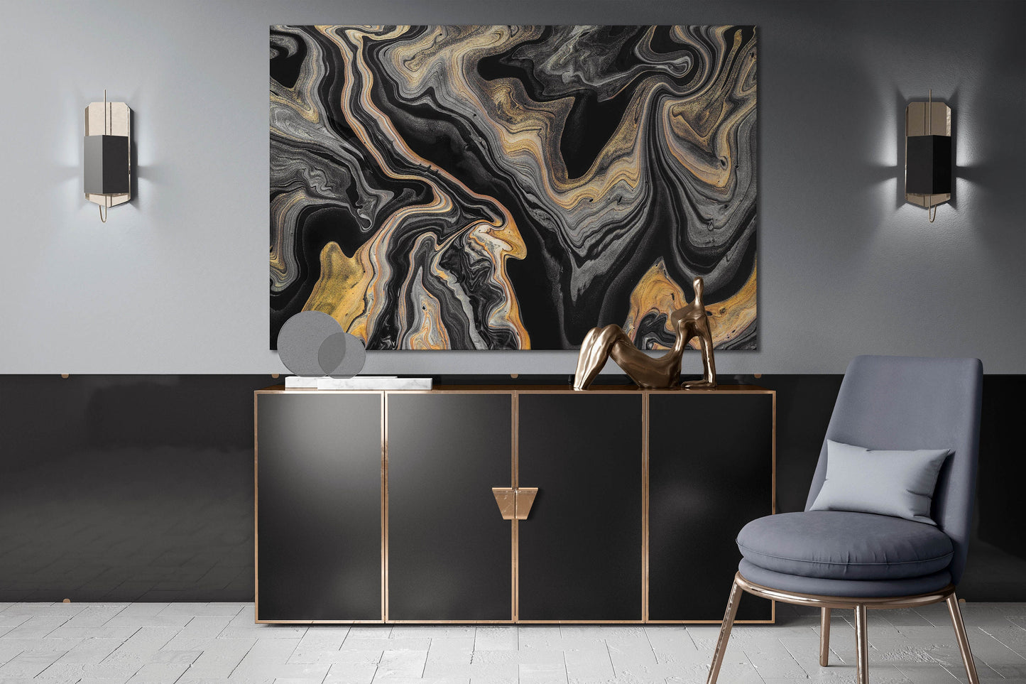 Black and gold abstract art marble pattern framed canvas leather print | Large wall art | Large wall decor | Made in Italy | Home decor