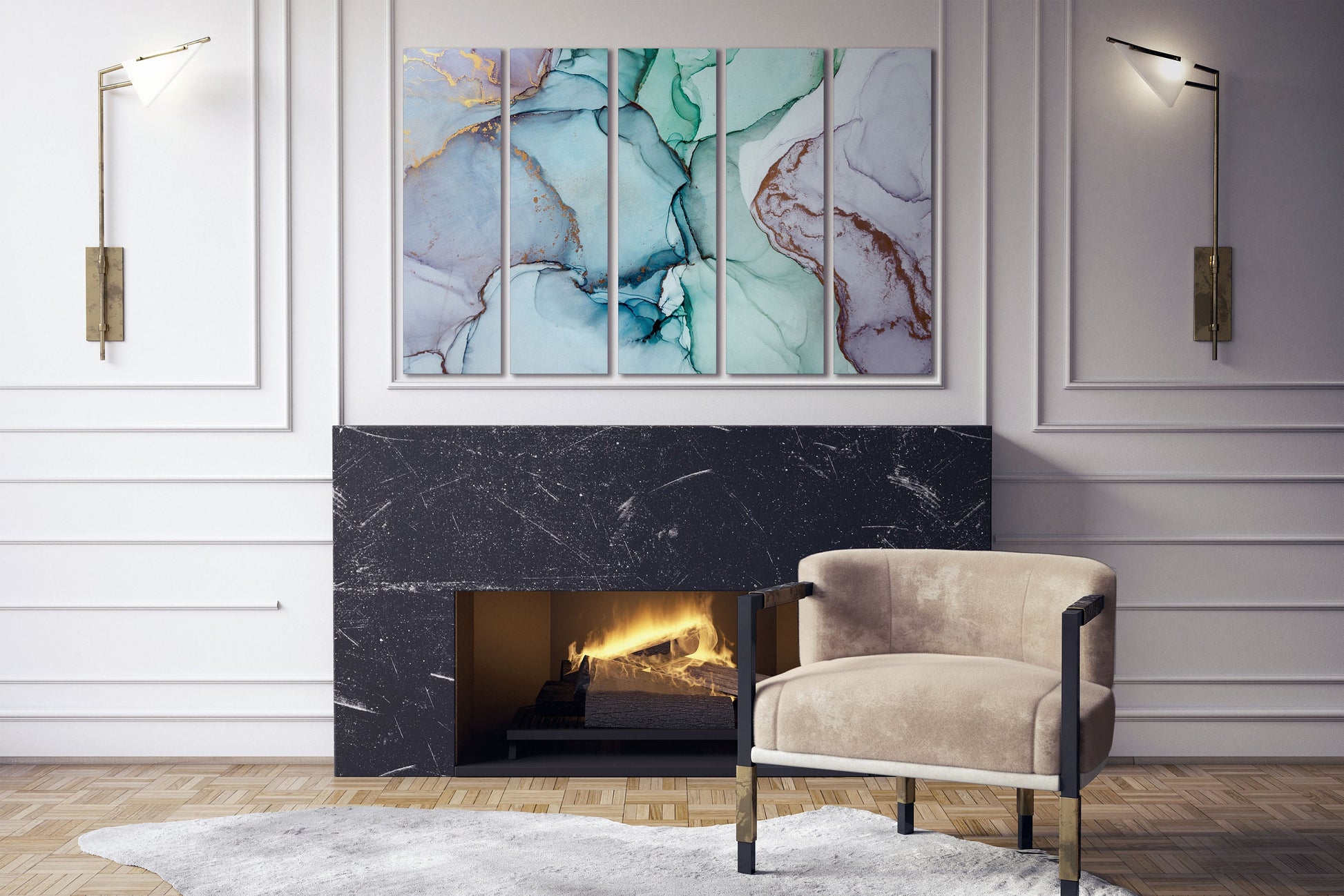 Blue and green shades marble pattern framed canvas leather print | Large wall art | Large wall decor | Made in Italy | Luxury home decor