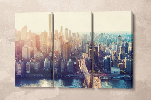New York Skyline Aerial View Framed Canvas Eco Leather Print, Made in Italy!