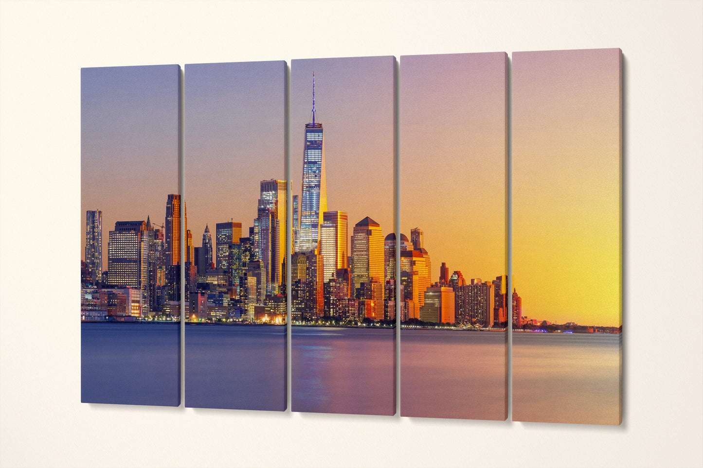 Lower Manhattan at Sunset Framed Canvas Eco Leather Print 5 Panels