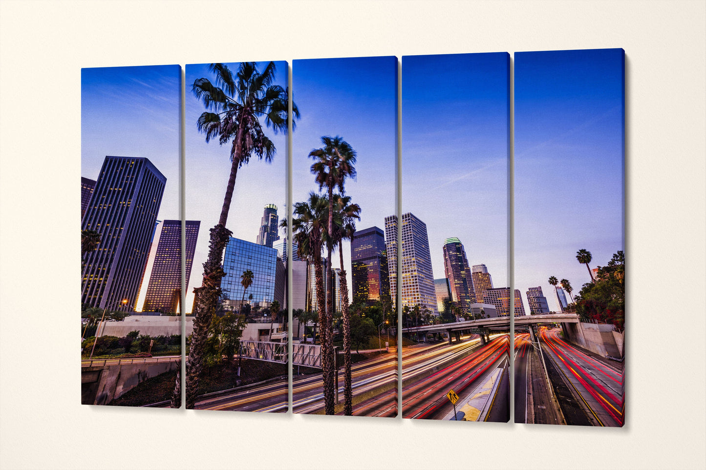 Los Angeles Downtown Street Lights Framed Canvas Leather Print