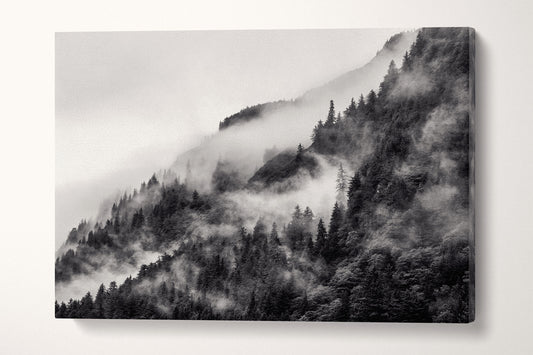 Misty Mountain in Black and White Framed Canvas Eco Leather Print, Made in Italy!