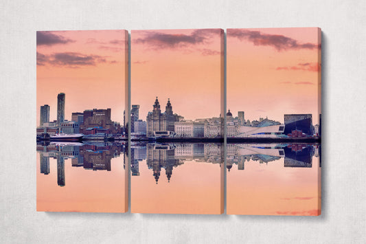 Liverpool Skyline Pink Sky Panoramic Print Ready to Hang Canvas Eco Leather Print, Made in Italy!