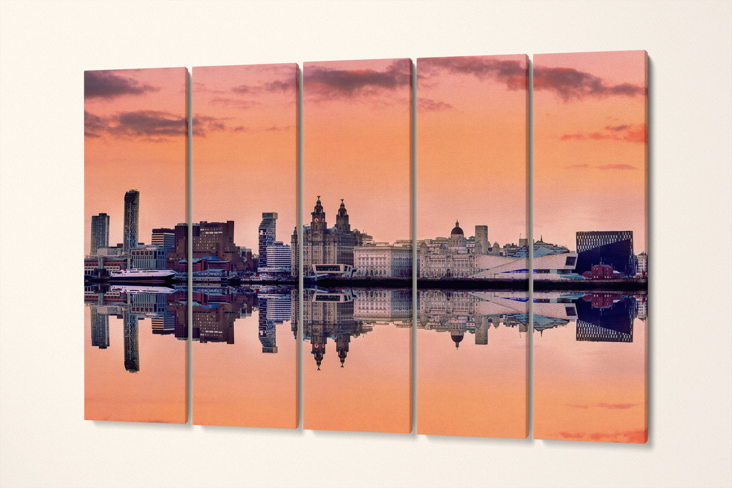 Liverpool Skyline Pink Sky Panoramic Print Ready to Hang Canvas Eco Leather Print, Made in Italy!