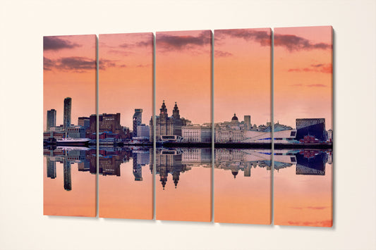Liverpool Skyline Pink Sky Panoramic Print Ready to Hang Canvas Eco Leather Print, Made in Italy!
