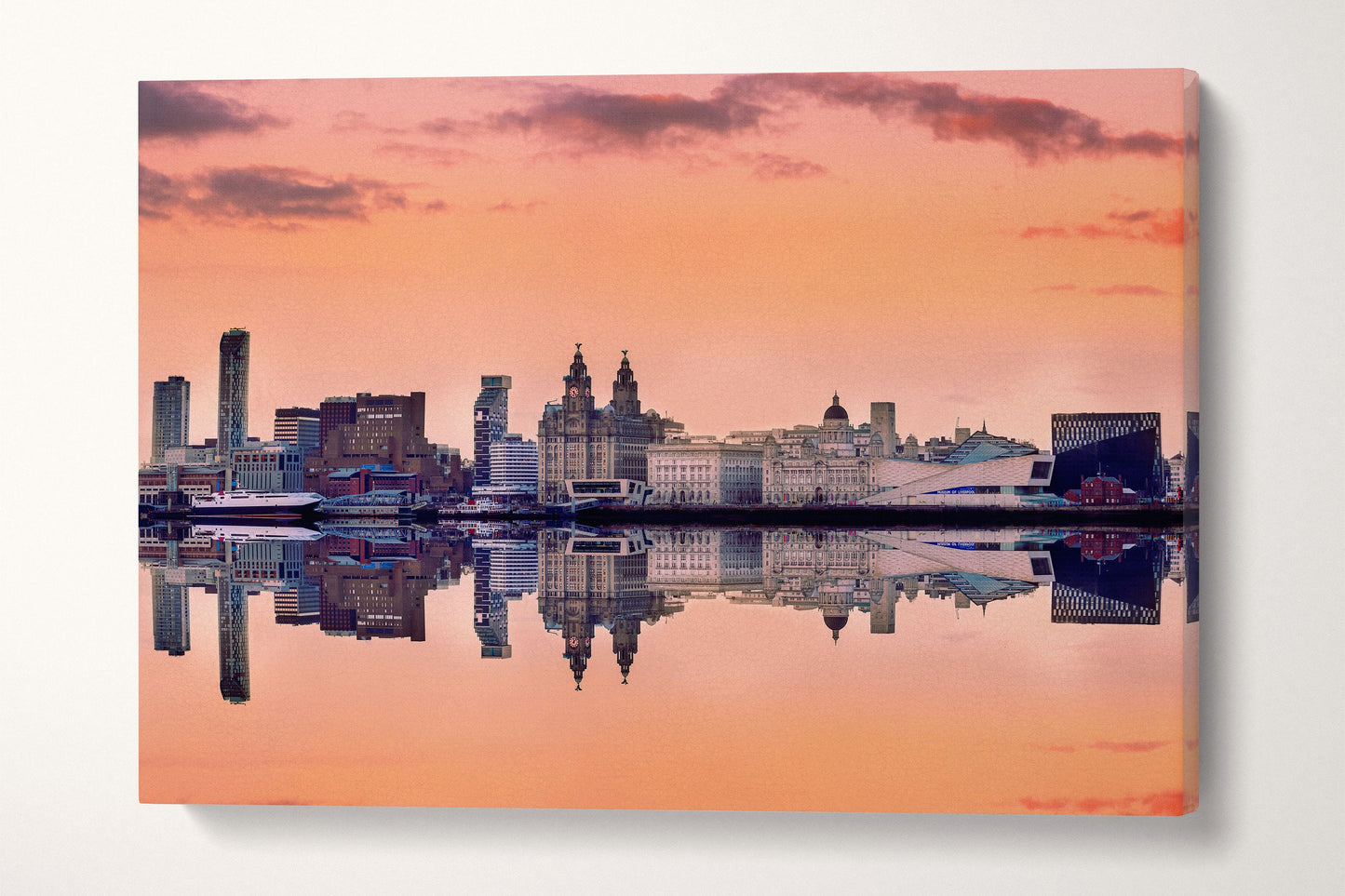 Liverpool Skyline Pink Sky Panoramic Print Ready to Hang Canvas Eco Leather Print, Made in Italy!