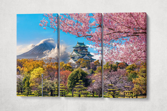 Osaka Castle and Mount Fuji in Spring Canvas Eco Leather Print, Made in Italy!