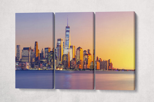 Lower Manhattan at Sunset Framed Canvas Eco Leather Print 3 Panels