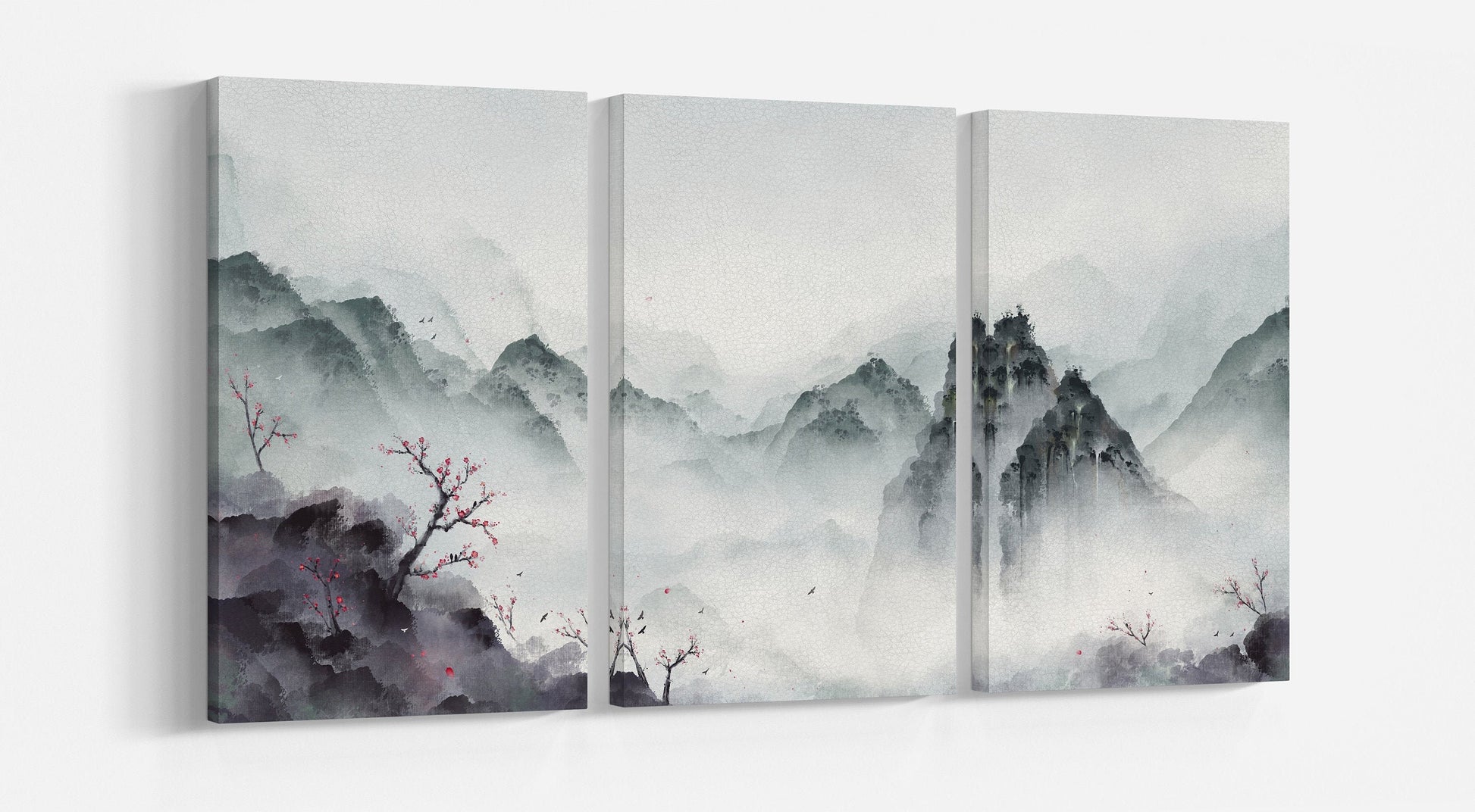 Japan mountain landscape winter illustration wall art tryptich canvas print