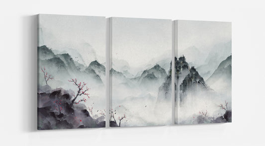 Japan mountain landscape winter illustration wall art tryptich canvas print