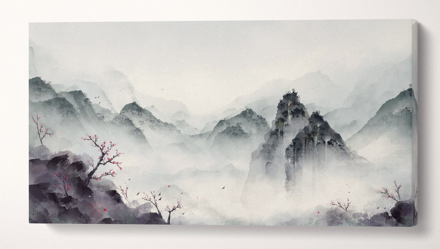 Japan mountain landscape winter illustration wall decor canvas print