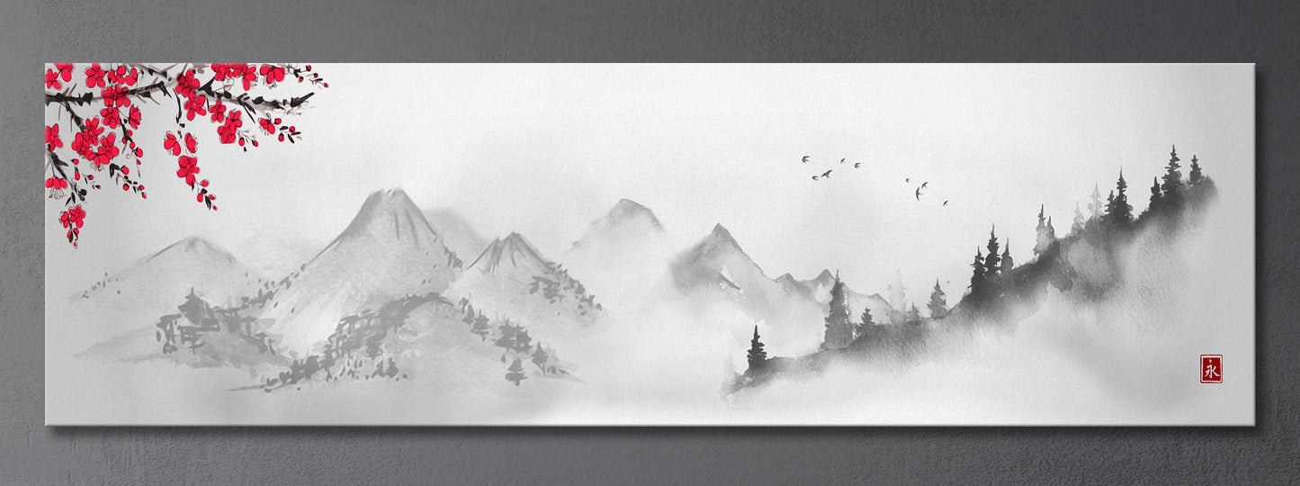 Japanese mountain landscape artwork black and white wall decor canvas print