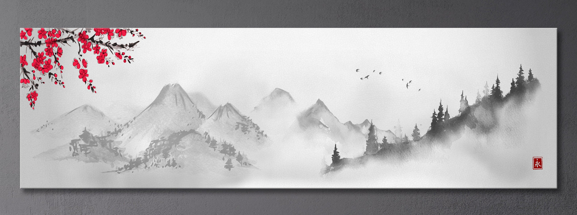 Japanese mountain landscape artwork black and white wall decor canvas print