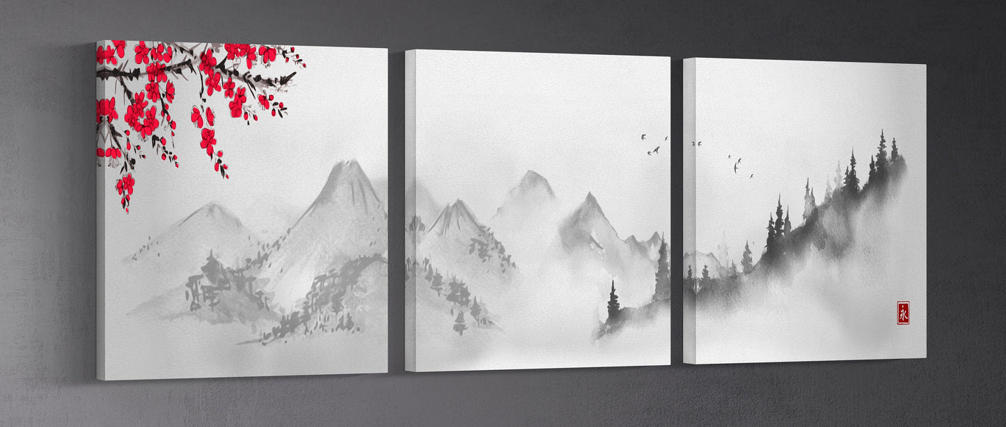 Japanese mountain landscape artwork black and white triptych canvas print
