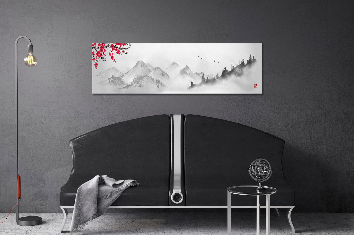 Japanese mountain landscape artwork black and white wall art canvas print