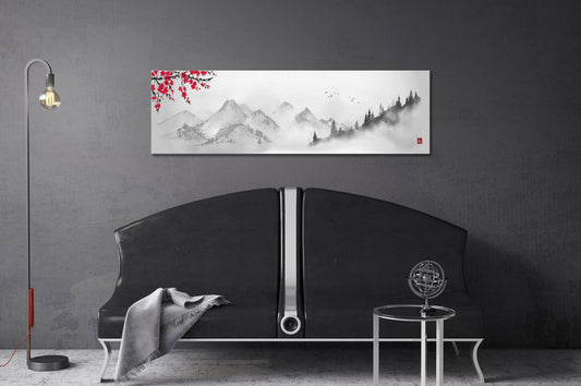 Japanese mountain landscape artwork black and white wall art canvas print