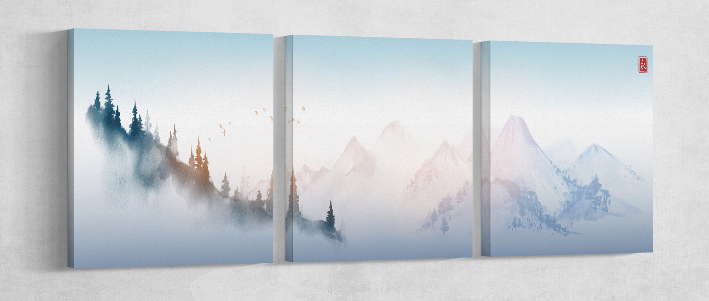 Japanese mountain blue landscape artwork triptych canvas print
