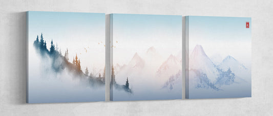 Japanese mountain blue landscape artwork triptych canvas print