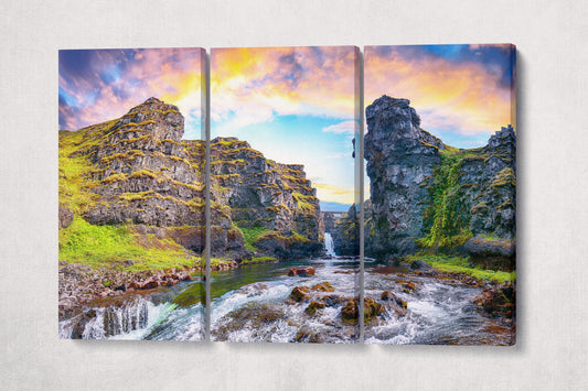 Kolufossar Waterfall, Vestur-Hunavatnssysla, Iceland Wall Art Canvas Eco Leather Print