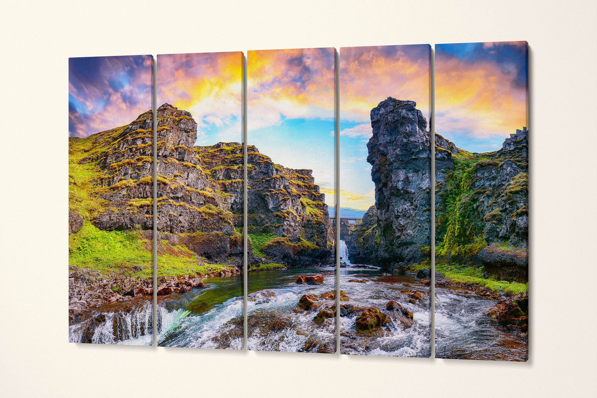 Kolufossar Waterfall, Vestur-Hunavatnssysla, Iceland Wall Art Canvas Eco Leather Print