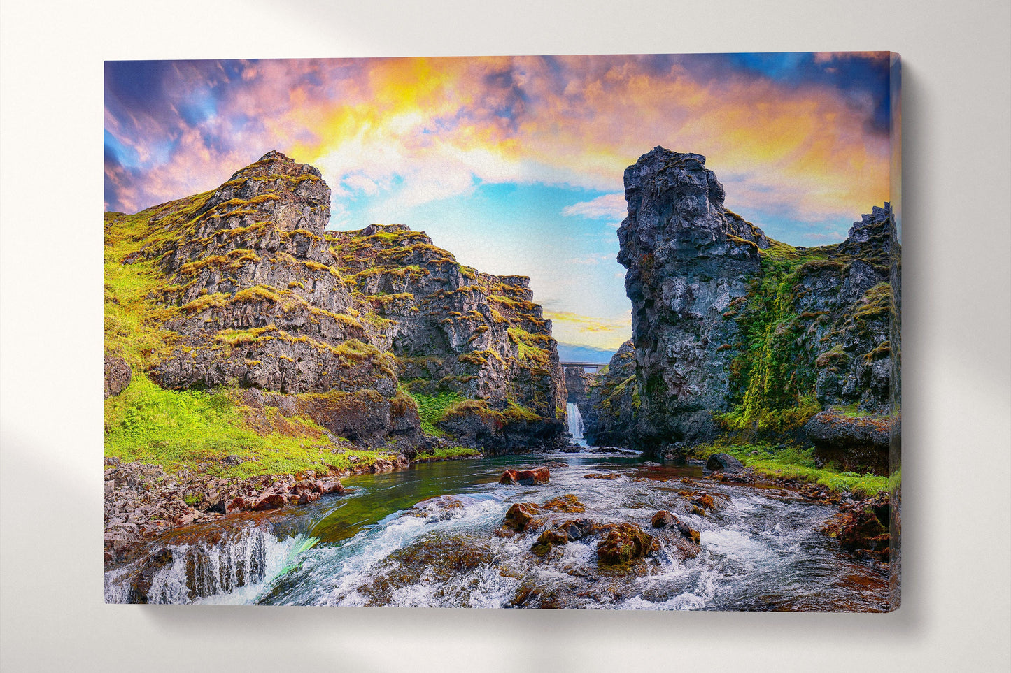 Kolufossar Waterfall, Vestur-Hunavatnssysla, Iceland Wall Art Canvas Eco Leather Print