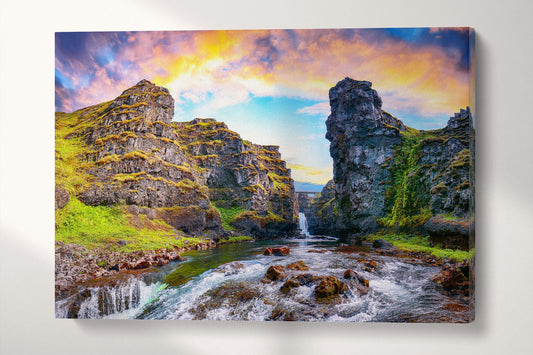 Kolufossar Waterfall, Vestur-Hunavatnssysla, Iceland Wall Art Canvas Eco Leather Print