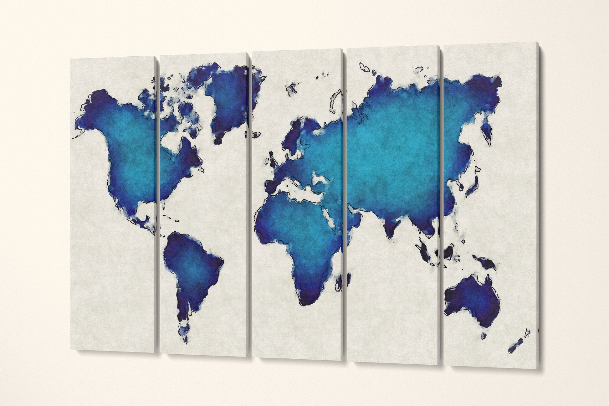 Blue Artistic World Map on White Background Canvas Eco Leather Print