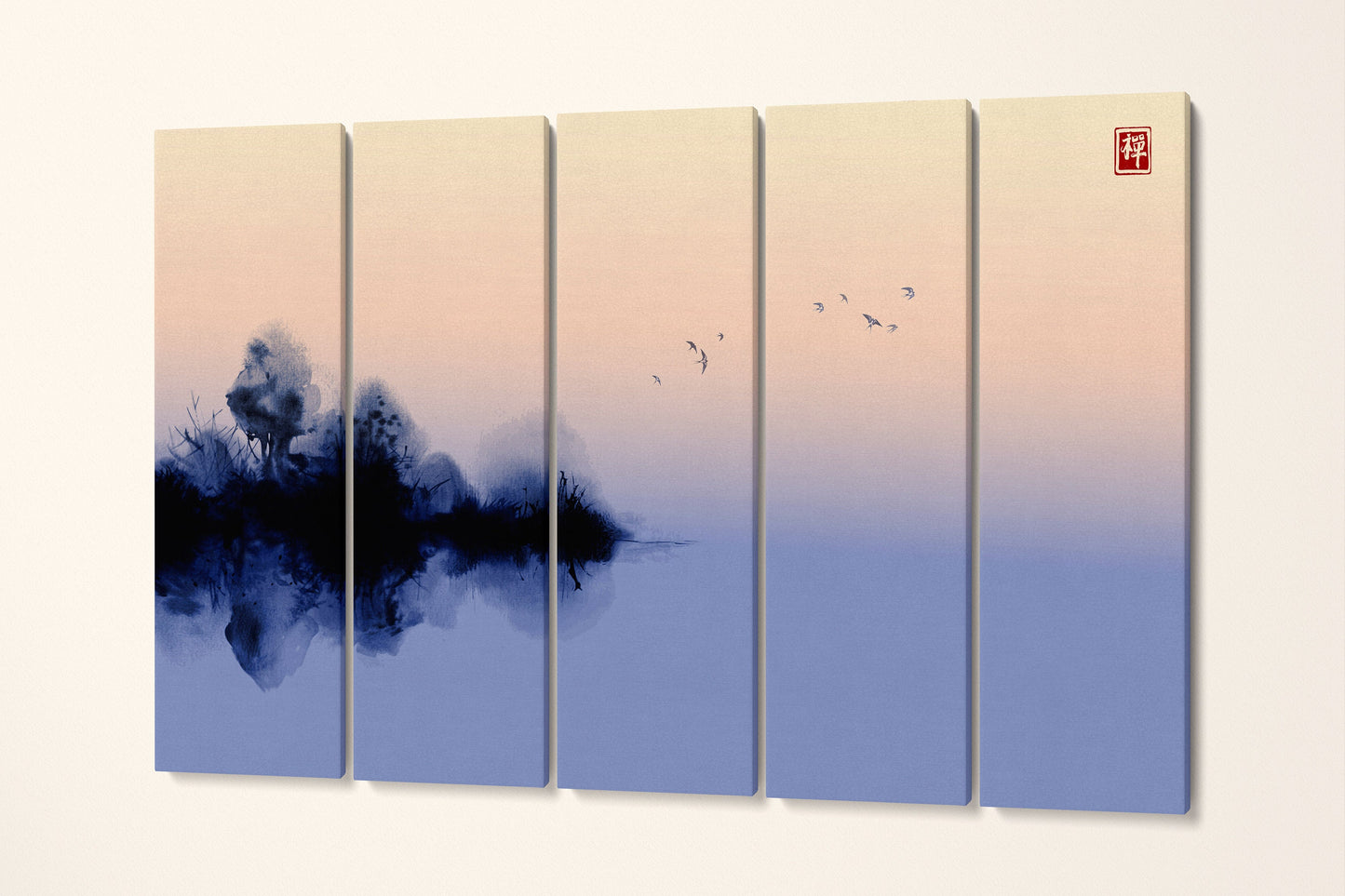 Abstract Bird Japanese Style Artwork eco vegan leather Print Canvas Print 5 Pieces Ready to Hang