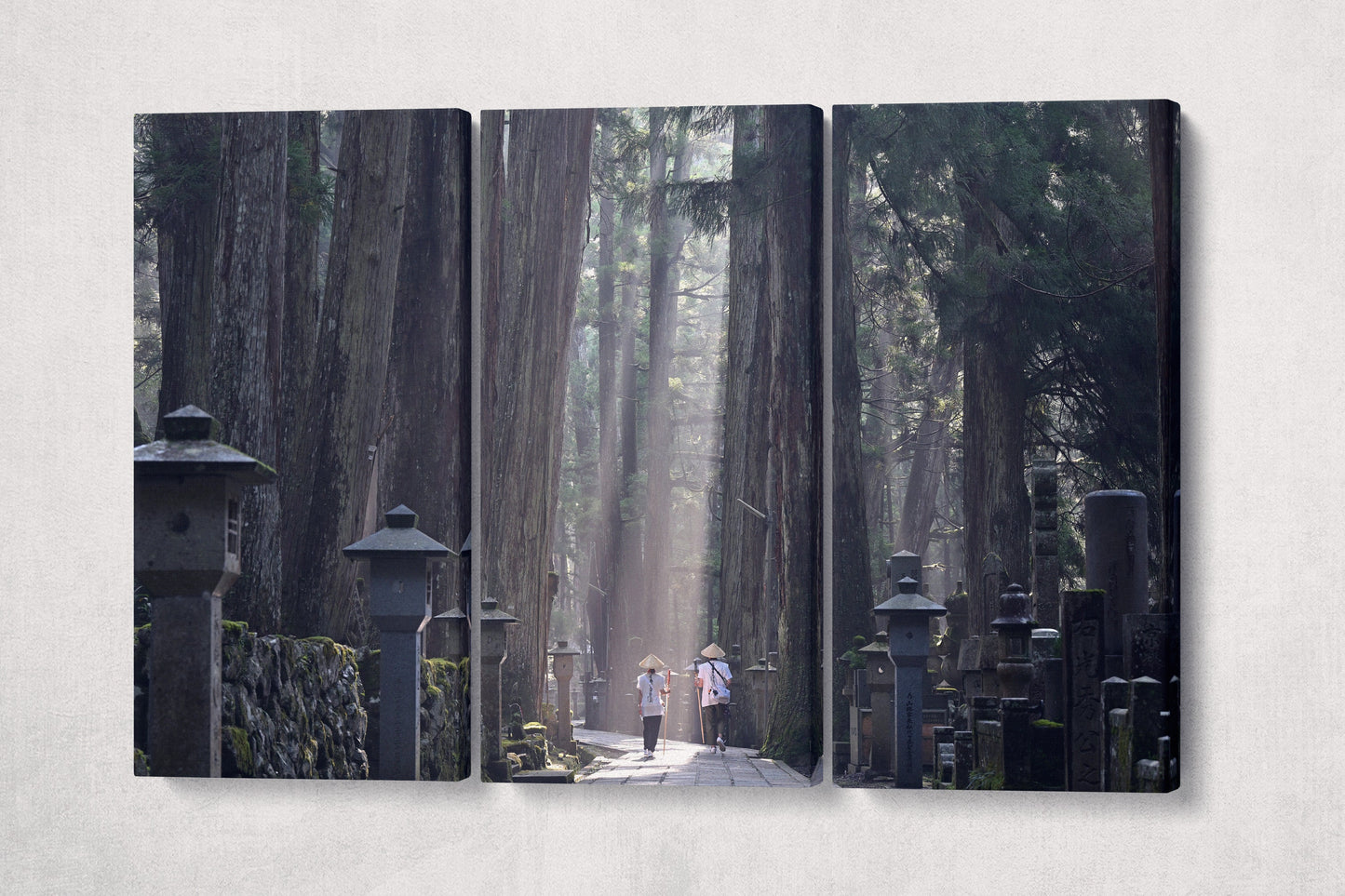 Koyasan Temple pathway canvas eco leather print triptych