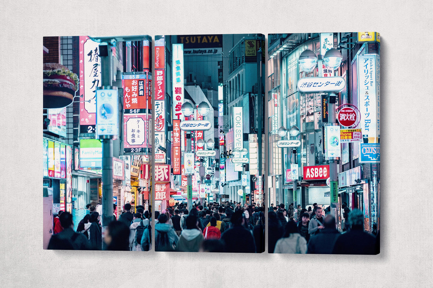 Tokyo Night Lights Shibuya Street Neon Glow Eco Leather Canvas Print Triptych 3D