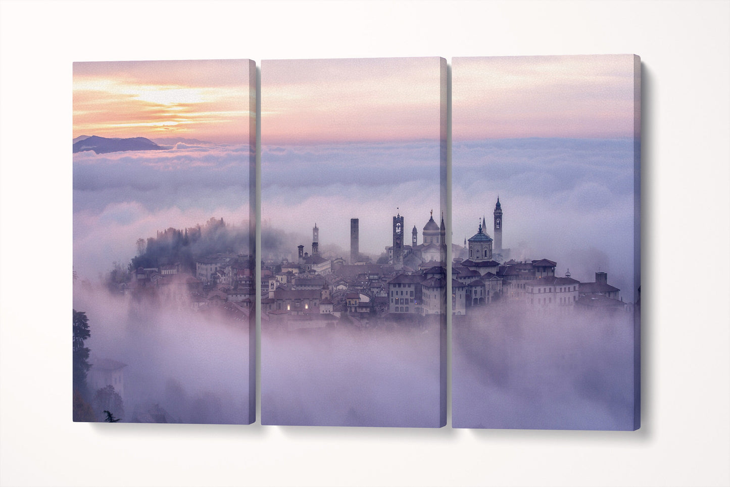 Foggy Bergamo sunrise from above wall art framed eco leather canvas print triptych