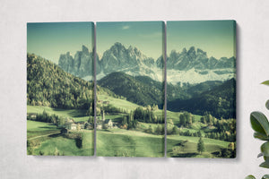 Santa Maddalena Val di Funes Dolomiti canvas eco leather print triptych