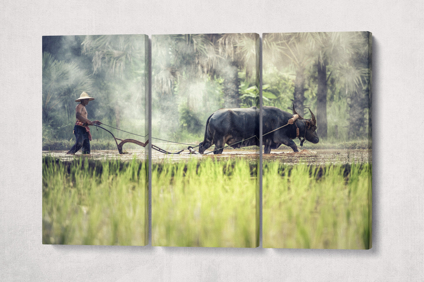 Water Buffalo Cambodia Farming PETA Approved Eco Leather Canvas Triptych or Single Art
