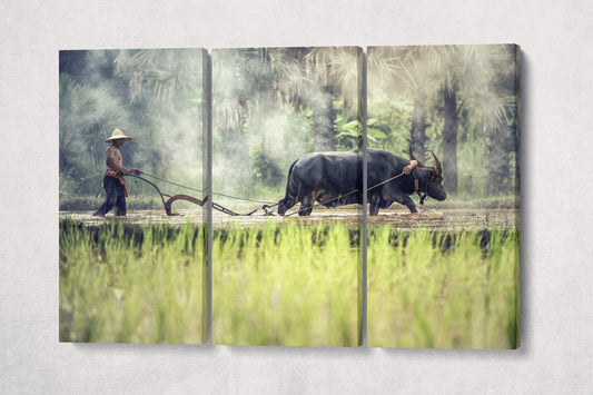 Water Buffalo Cambodia Farming PETA Approved Eco Leather Canvas Triptych or Single Art