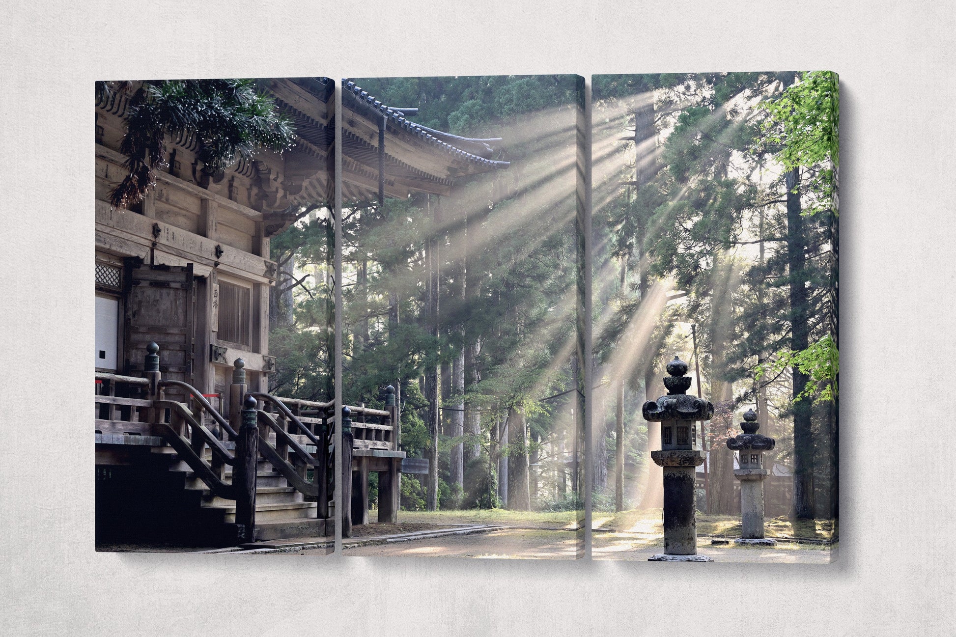 Koyasan Temple sunrays canvas eco leather print triptych