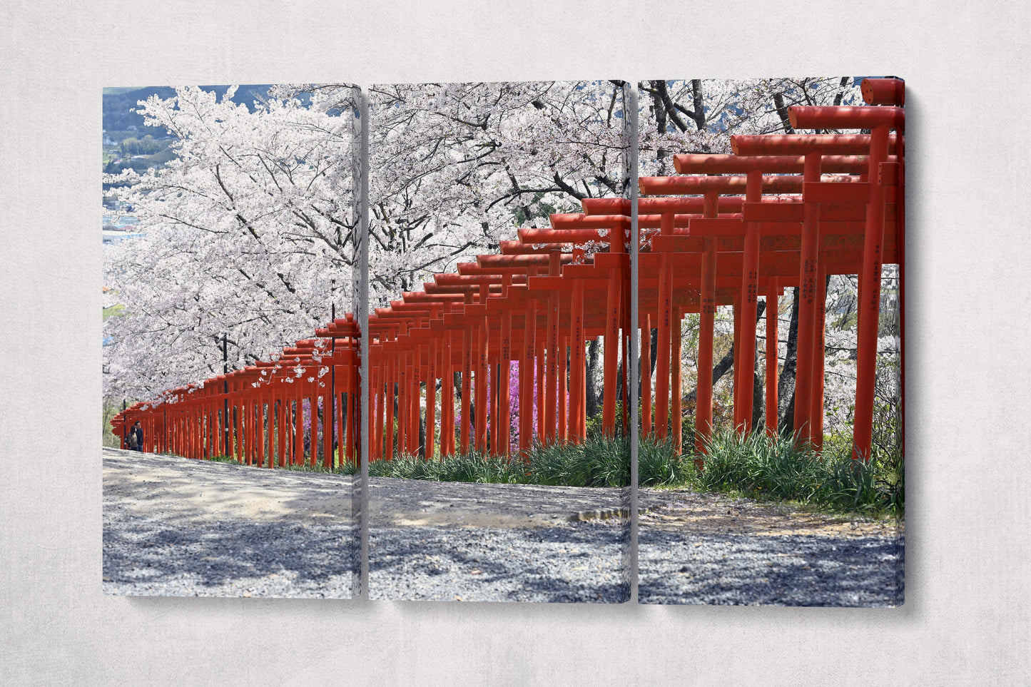 Torii gates shrine cherry blossom, Japan canvas eco leather print triptych