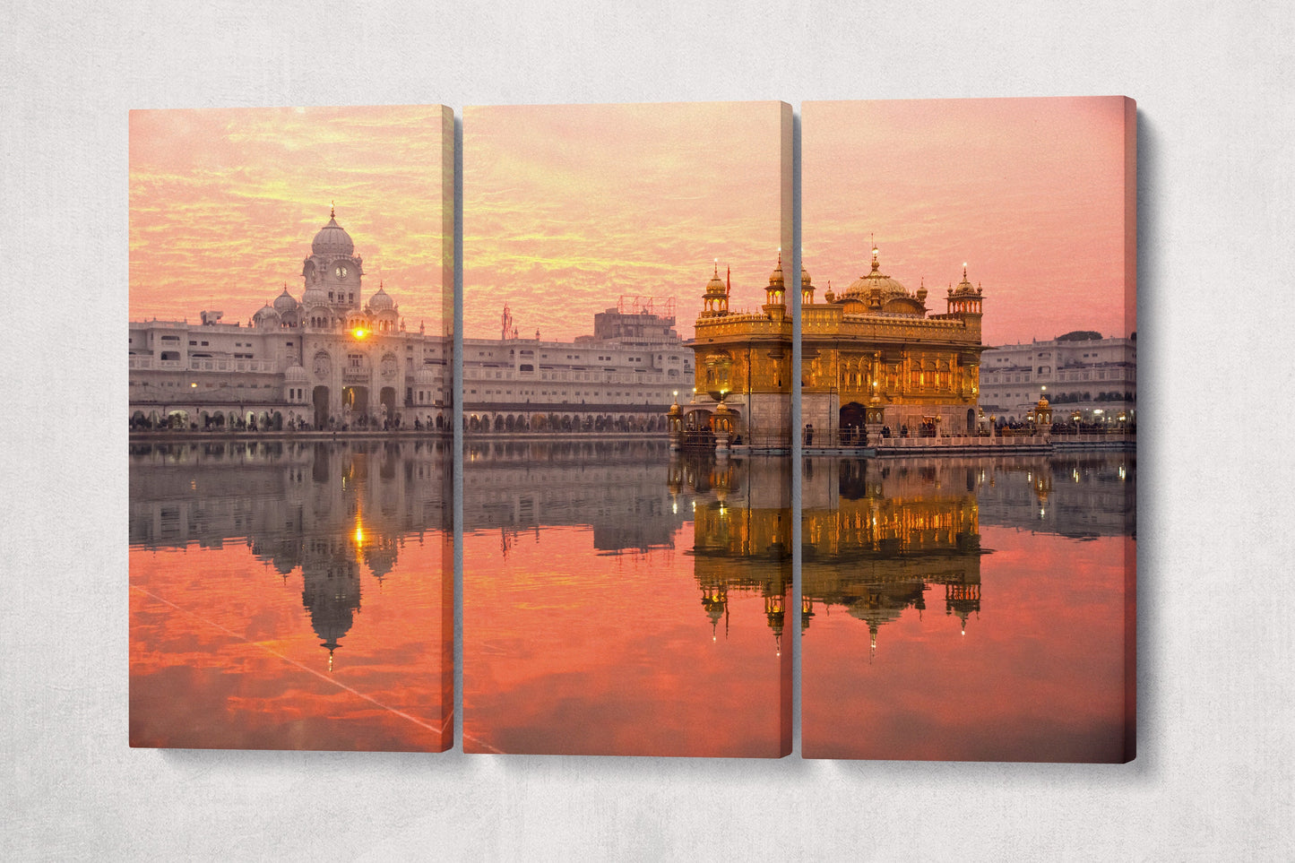 Golden Temple Sri Harmandir Sahib, Amritsar, Punjab, India at sunset canvas eco leather print Triptych 3D