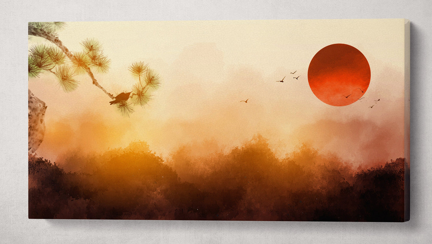 Japan Mountain Misty Dawn Illustration Wall Art Framed Canvas Print Wall 3D